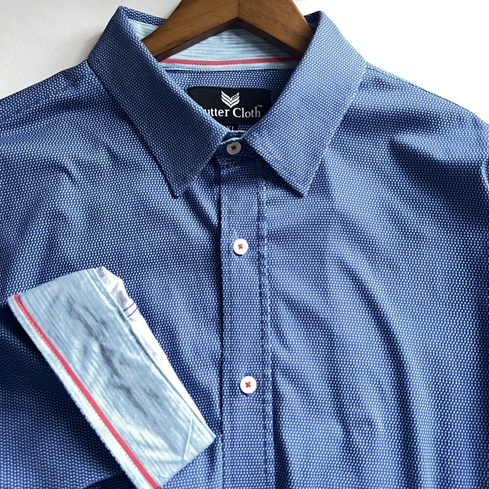 Buttercloth Mens Shirt 2XL Royal Blue Micro Dot Print Button Up Cotton Flip Cuff